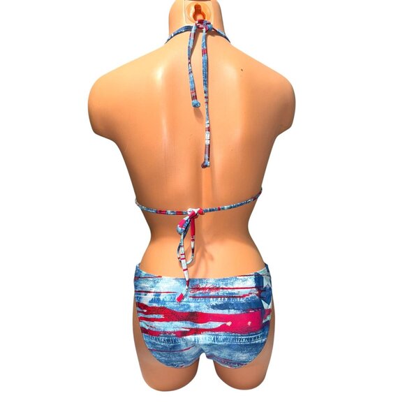 Body Glove Fringe Halter Bikini Set Blue/Red Tie-Dye Print - Picture 2 of 14